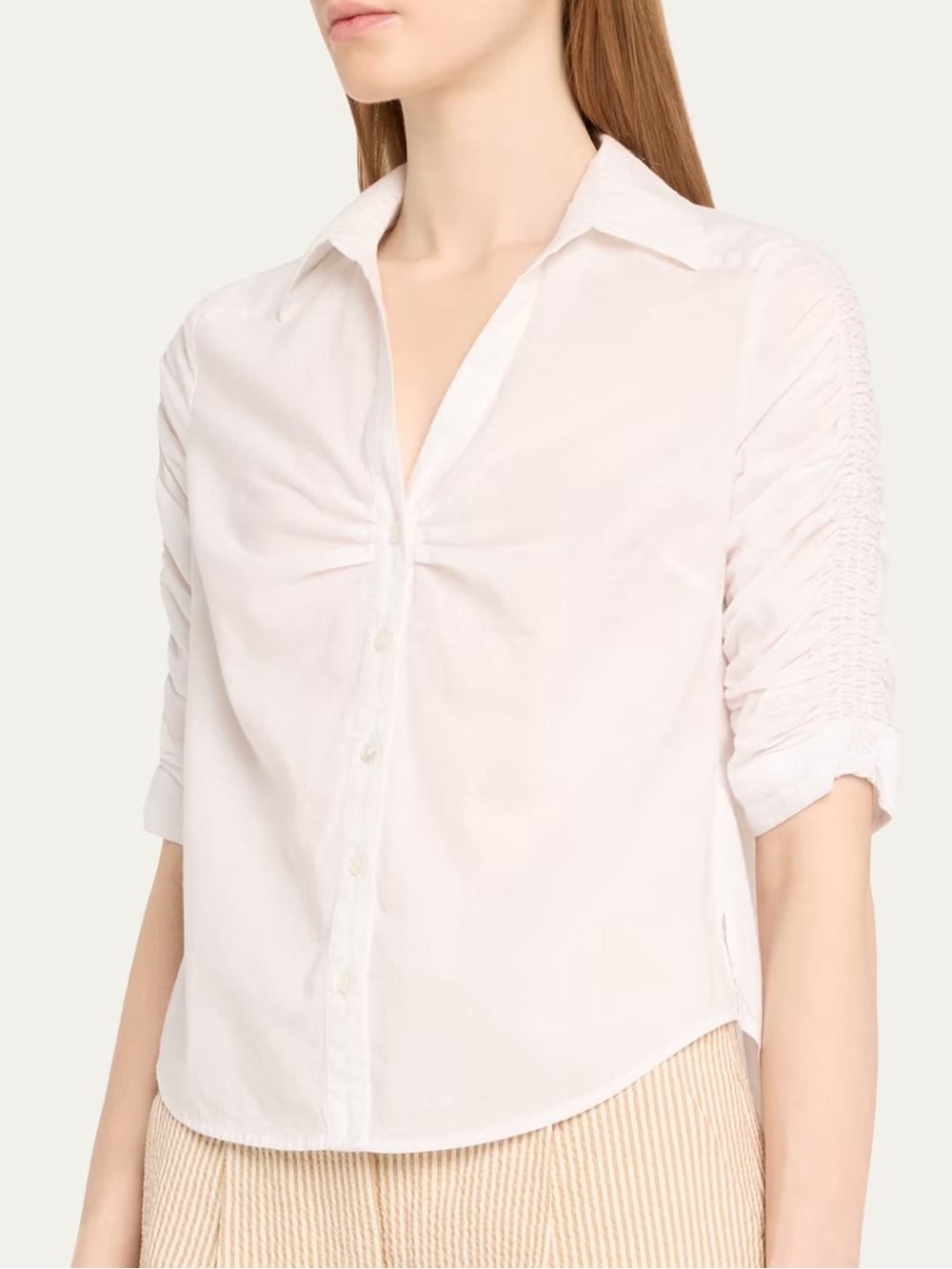 Veronica Beard Porta Ruched Button-Front Shirt White Size L Cotton